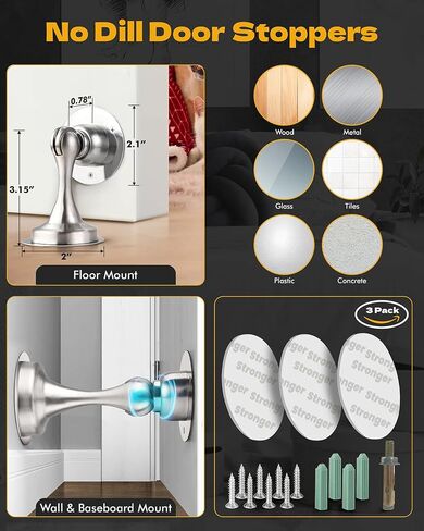 Door Stoppers Magnetic Doors Stop, Door Catch 3 Pack Stainless Steel Magnet Door Stopper for Wall Bottom of Door Holder Open, No Drill Stronger Double Sided Tape Adhesive & Screws Apartment Essentials in Saudi Arabia
