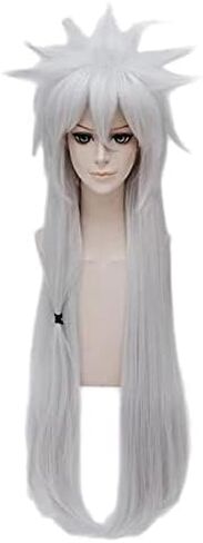 jiraiya wig long Silver Heat Resistant Hair Hair Coftion Asse Party Case + Cap ، OneSize ، as Show in Saudi Arabia