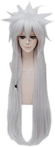 jiraiya wig long Silver Heat Resistant Hair Hair Coftion Asse Party Case + Cap ، OneSize ، as Show in Saudi Arabia