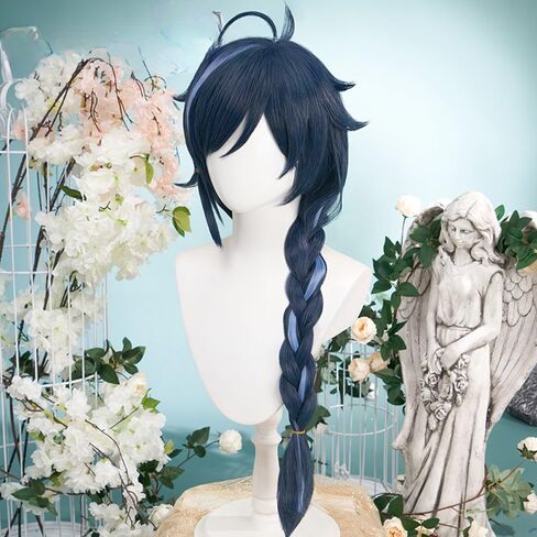 Wig for Game Kaeya Alberich Wig Long Layered Wigs with Braid Dark Blue and Light Blue Highlight Wig with Wig Cap Heat Resistant Role Play Halloween Wig 85 CM in Kuwait