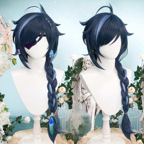 Wig for Game Kaeya Alberich Wig Long Layered Wigs with Braid Dark Blue and Light Blue Highlight Wig with Wig Cap Heat Resistant Role Play Halloween Wig 85 CM in Kuwait