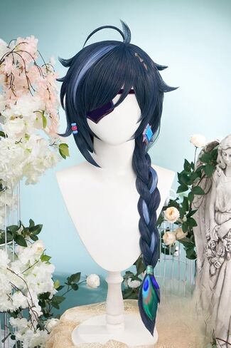 Wig for Game Kaeya Alberich Wig Long Layered Wigs with Braid Dark Blue and Light Blue Highlight Wig with Wig Cap Heat Resistant Role Play Halloween Wig 85 CM in Kuwait