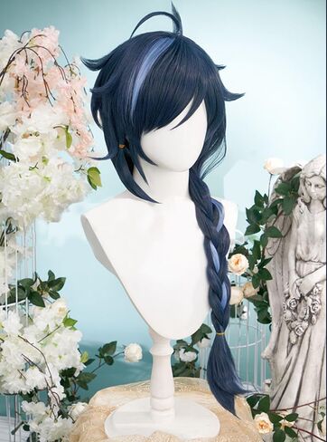 Wig for Game Kaeya Alberich Wig Long Layered Wigs with Braid Dark Blue and Light Blue Highlight Wig with Wig Cap Heat Resistant Role Play Halloween Wig 85 CM in Kuwait