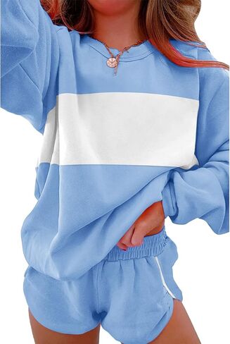 Ecosunny Womens 2 Piece Outfits Sweatsuit Casual Striped Accent Pullover and Short Sets Matching Lounge Set Tracksuit in Saudi Arabia