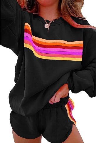 Ecosunny Womens 2 Piece Outfits Sweatsuit Casual Striped Accent Pullover and Short Sets Matching Lounge Set Tracksuit in Saudi Arabia