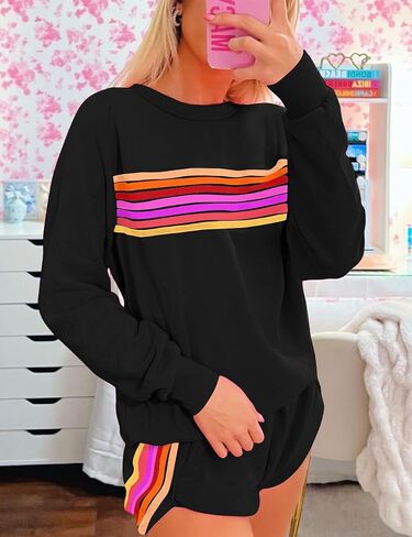 Ecosunny Womens 2 Piece Outfits Sweatsuit Casual Striped Accent Pullover and Short Sets Matching Lounge Set Tracksuit in Saudi Arabia