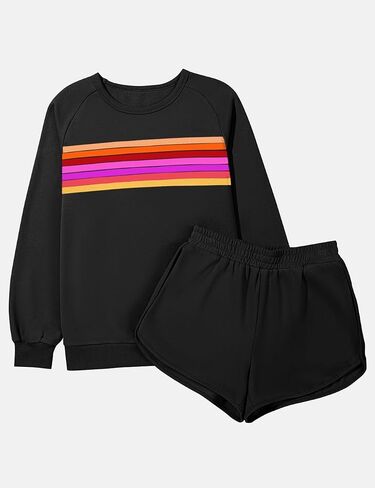 Ecosunny Womens 2 Piece Outfits Sweatsuit Casual Striped Accent Pullover and Short Sets Matching Lounge Set Tracksuit in Saudi Arabia