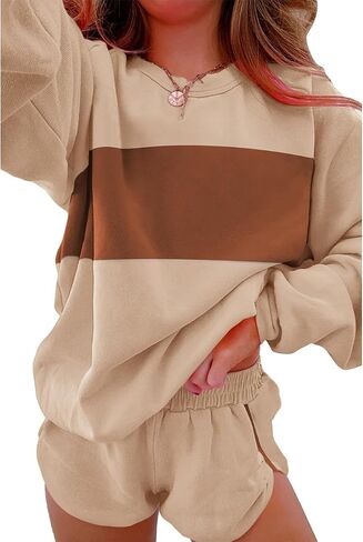 Ecosunny Womens 2 Piece Outfits Sweatsuit Casual Striped Accent Pullover and Short Sets Matching Lounge Set Tracksuit in Saudi Arabia
