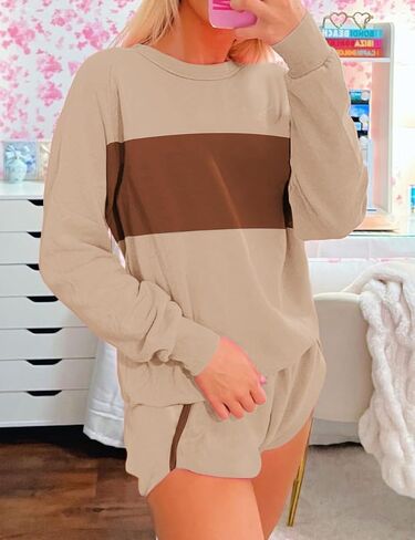Ecosunny Womens 2 Piece Outfits Sweatsuit Casual Striped Accent Pullover and Short Sets Matching Lounge Set Tracksuit in Saudi Arabia