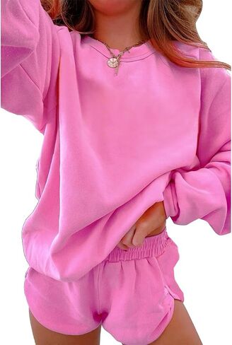 Ecosunny Womens 2 Piece Outfits Sweatsuit Casual Striped Accent Pullover and Short Sets Matching Lounge Set Tracksuit in Saudi Arabia