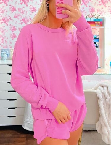 Ecosunny Womens 2 Piece Outfits Sweatsuit Casual Striped Accent Pullover and Short Sets Matching Lounge Set Tracksuit in Saudi Arabia