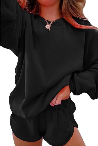 Ecosunny Womens 2 Piece Outfits Sweatsuit Casual Striped Accent Pullover and Short Sets Matching Lounge Set Tracksuit in Saudi Arabia