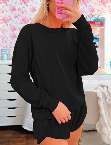 Ecosunny Womens 2 Piece Outfits Sweatsuit Casual Striped Accent Pullover and Short Sets Matching Lounge Set Tracksuit in Saudi Arabia