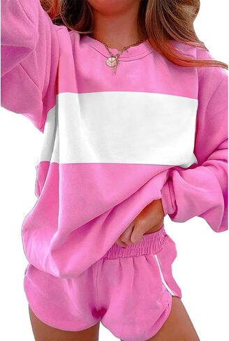 Ecosunny Womens 2 Piece Outfits Sweatsuit Casual Striped Accent Pullover and Short Sets Matching Lounge Set Tracksuit in Saudi Arabia