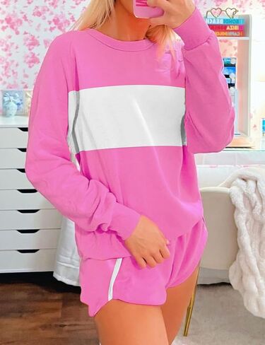 Ecosunny Womens 2 Piece Outfits Sweatsuit Casual Striped Accent Pullover and Short Sets Matching Lounge Set Tracksuit in Saudi Arabia