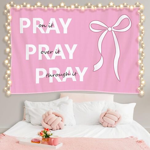 Hunnmingre Coquette Pink Bow Christian Tapestry Pink Inspirational Preppy Tapestry Wall Decord هدايا مسيحية نصلي على ذلك in Saudi Arabia