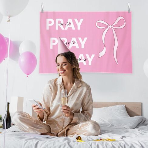 Hunnmingre Coquette Pink Bow Christian Tapestry Pink Inspirational Preppy Tapestry Wall Decord هدايا مسيحية نصلي على ذلك in Saudi Arabia
