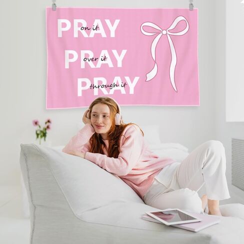 Hunnmingre Coquette Pink Bow Christian Tapestry Pink Inspirational Preppy Tapestry Wall Decord هدايا مسيحية نصلي على ذلك in Saudi Arabia