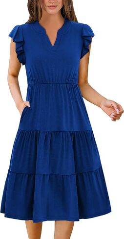 kinstell Womens Summer Casual Midi Dresses Ruffle Sleeve V Neck 2025 V Neck Tiered Swing A Line Dresses in Kuwait