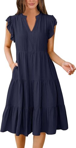 kinstell Womens Summer Casual Midi Dresses Ruffle Sleeve V Neck 2025 V Neck Tiered Swing A Line Dresses in Kuwait