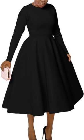 LAJIOJIO Women's Vintage Cocktail Dresses,Elegant Round Neck Long Sleeve Church Evening Dress with Pockets in Saudi Arabia