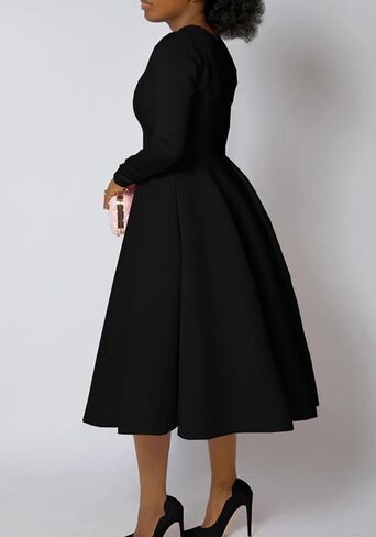 LAJIOJIO Women's Vintage Cocktail Dresses,Elegant Round Neck Long Sleeve Church Evening Dress with Pockets in Saudi Arabia