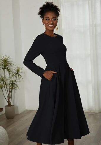 LAJIOJIO Women's Vintage Cocktail Dresses,Elegant Round Neck Long Sleeve Church Evening Dress with Pockets in Saudi Arabia