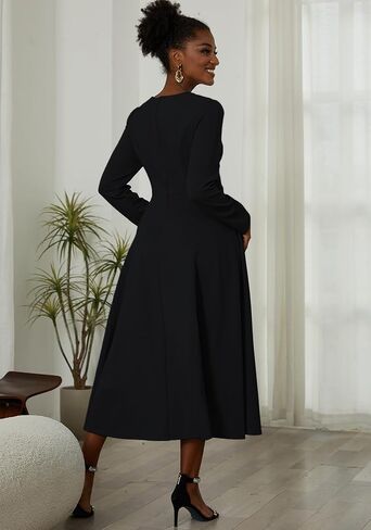 LAJIOJIO Women's Vintage Cocktail Dresses,Elegant Round Neck Long Sleeve Church Evening Dress with Pockets in Saudi Arabia
