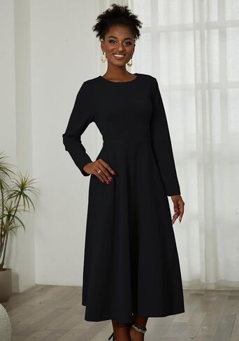 LAJIOJIO Women's Vintage Cocktail Dresses,Elegant Round Neck Long Sleeve Church Evening Dress with Pockets in Saudi Arabia