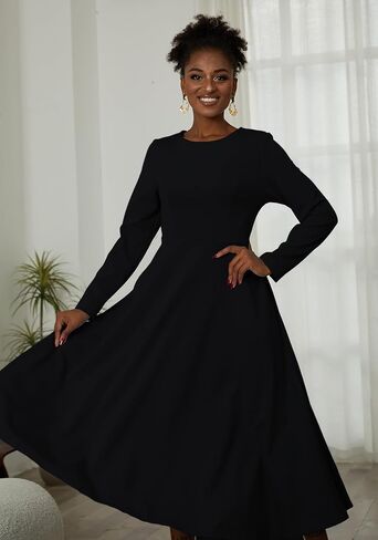 LAJIOJIO Women's Vintage Cocktail Dresses,Elegant Round Neck Long Sleeve Church Evening Dress with Pockets in Saudi Arabia