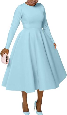 LAJIOJIO Women's Vintage Cocktail Dresses,Elegant Round Neck Long Sleeve Church Evening Dress with Pockets in Saudi Arabia