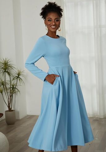 LAJIOJIO Women's Vintage Cocktail Dresses,Elegant Round Neck Long Sleeve Church Evening Dress with Pockets in Saudi Arabia