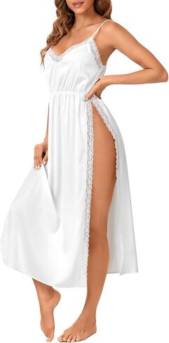 LYANER Women's Soft Satin Nightgowns Lace Trim V Neck Spaghetti Strap High Slit Maxi Slip Dress Nightdress in Saudi Arabia