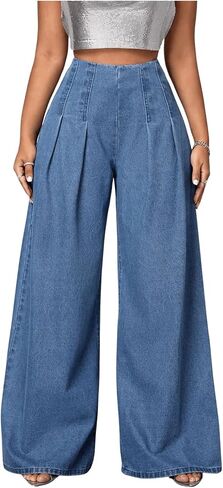 WDIRARA Women's High Waisted Denim Palazzo Pants Pleated Wide Leg Baggy Jeans Pants in Saudi Arabia