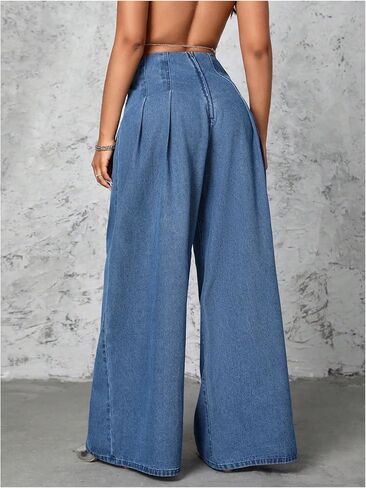 WDIRARA Women's High Waisted Denim Palazzo Pants Pleated Wide Leg Baggy Jeans Pants in Saudi Arabia