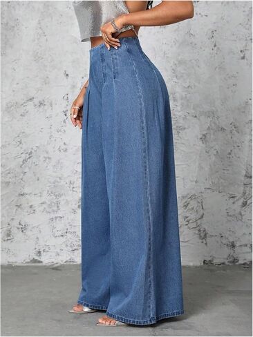 WDIRARA Women's High Waisted Denim Palazzo Pants Pleated Wide Leg Baggy Jeans Pants in Saudi Arabia