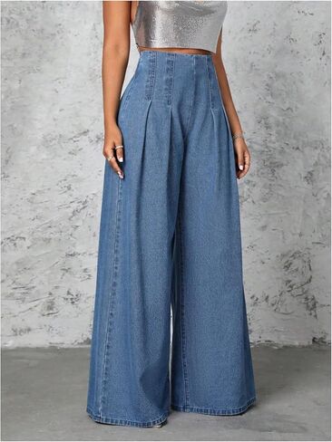 WDIRARA Women's High Waisted Denim Palazzo Pants Pleated Wide Leg Baggy Jeans Pants in Saudi Arabia