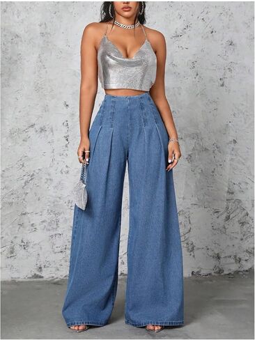 WDIRARA Women's High Waisted Denim Palazzo Pants Pleated Wide Leg Baggy Jeans Pants in Saudi Arabia