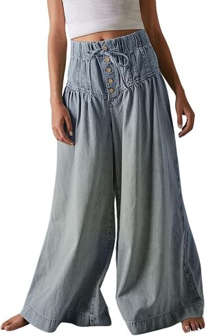 Yoeasy Womens Mid Rise Wide Legens Saltring Complatring فضفاضة سراويل جينز سراويل جينز فقيرة in Saudi Arabia