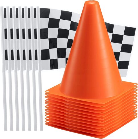 Racing Cars Birthday Decorations - Racecar Centerpiece Decoration Kit for Kids - (12) Orange Traffic Cones, (24) Checkered Flags, Plastic Tablecloth (54"x108") Birthday Banner Race Car Theme (38pcs) in Saudi Arabia