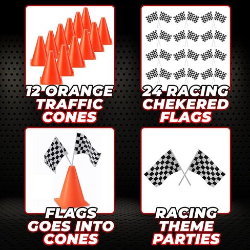 Racing Cars Birthday Decorations - Racecar Centerpiece Decoration Kit for Kids - (12) Orange Traffic Cones, (24) Checkered Flags, Plastic Tablecloth (54"x108") Birthday Banner Race Car Theme (38pcs) in Saudi Arabia