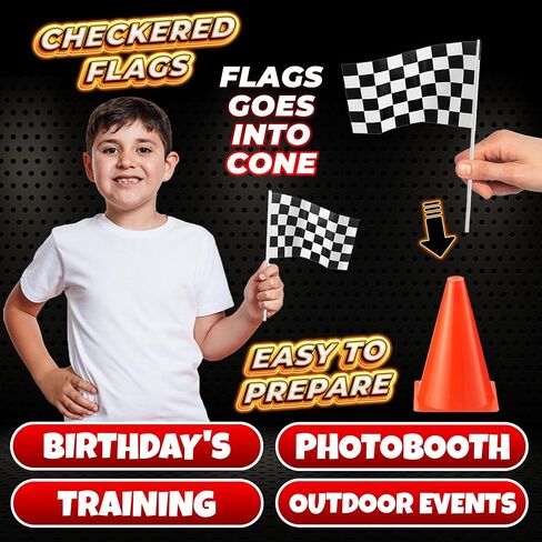 Racing Cars Birthday Decorations - Racecar Centerpiece Decoration Kit for Kids - (12) Orange Traffic Cones, (24) Checkered Flags, Plastic Tablecloth (54"x108") Birthday Banner Race Car Theme (38pcs) in Saudi Arabia
