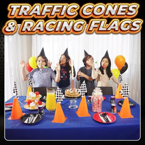 Racing Cars Birthday Decorations - Racecar Centerpiece Decoration Kit for Kids - (12) Orange Traffic Cones, (24) Checkered Flags, Plastic Tablecloth (54"x108") Birthday Banner Race Car Theme (38pcs) in Saudi Arabia
