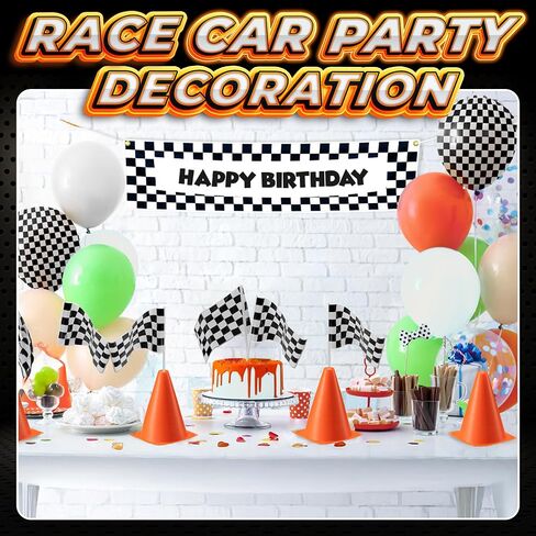Racing Cars Birthday Decorations - Racecar Centerpiece Decoration Kit for Kids - (12) Orange Traffic Cones, (24) Checkered Flags, Plastic Tablecloth (54"x108") Birthday Banner Race Car Theme (38pcs) in Saudi Arabia