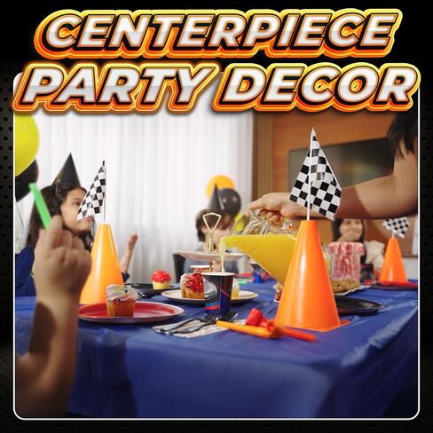 Racing Cars Birthday Decorations - Racecar Centerpiece Decoration Kit for Kids - (12) Orange Traffic Cones, (24) Checkered Flags, Plastic Tablecloth (54"x108") Birthday Banner Race Car Theme (38pcs) in Saudi Arabia