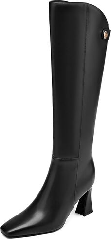 بوت طويل للركبة للنساء، حذاء طويل أنيق، حذاء طويل أنيق بمقدمة مربعة مع سحاب جانبي 3 بوصة، كعب متوهج in Kuwait