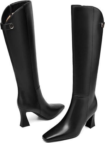 بوت طويل للركبة للنساء، حذاء طويل أنيق، حذاء طويل أنيق بمقدمة مربعة مع سحاب جانبي 3 بوصة، كعب متوهج in Kuwait