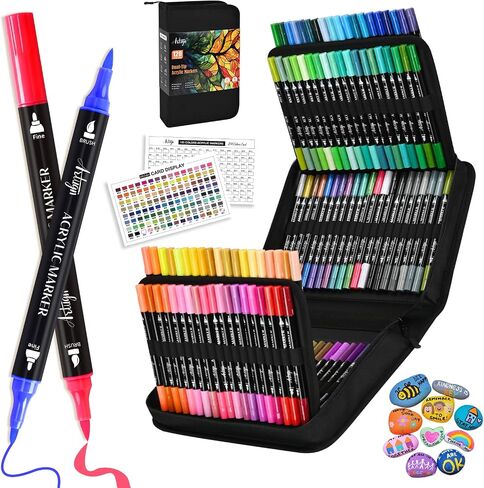 60 Colors Acrylic Paint Markers, Automatic Ink Control System with Soft Brush Tip for Rock Painting, Canvas, Wood, Glass, Metal, Ceramic, Calligraphy, Card Making, DIY Crafts in Kuwait