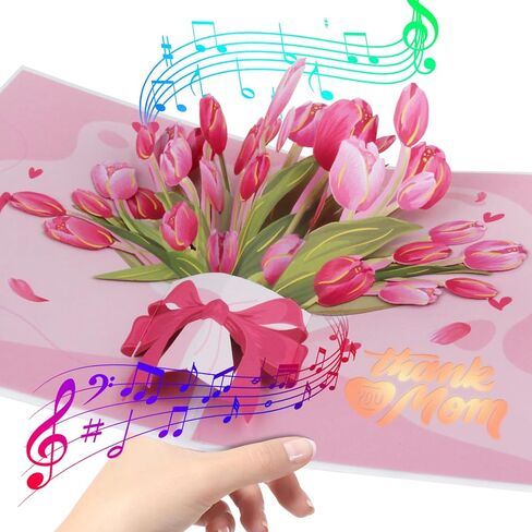 XTF2015 Mother's Day Pop Up Card 'LOVE YOU MOM' 3D Flower Greeting Card, Thanksgiving Day & Happy Mothers Day Gifts Card, Light & Music 3D Greeting Cards with Envelope and Note Tag in Kuwait