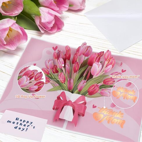 XTF2015 Mother's Day Pop Up Card 'LOVE YOU MOM' 3D Flower Greeting Card, Thanksgiving Day & Happy Mothers Day Gifts Card, Light & Music 3D Greeting Cards with Envelope and Note Tag in Kuwait